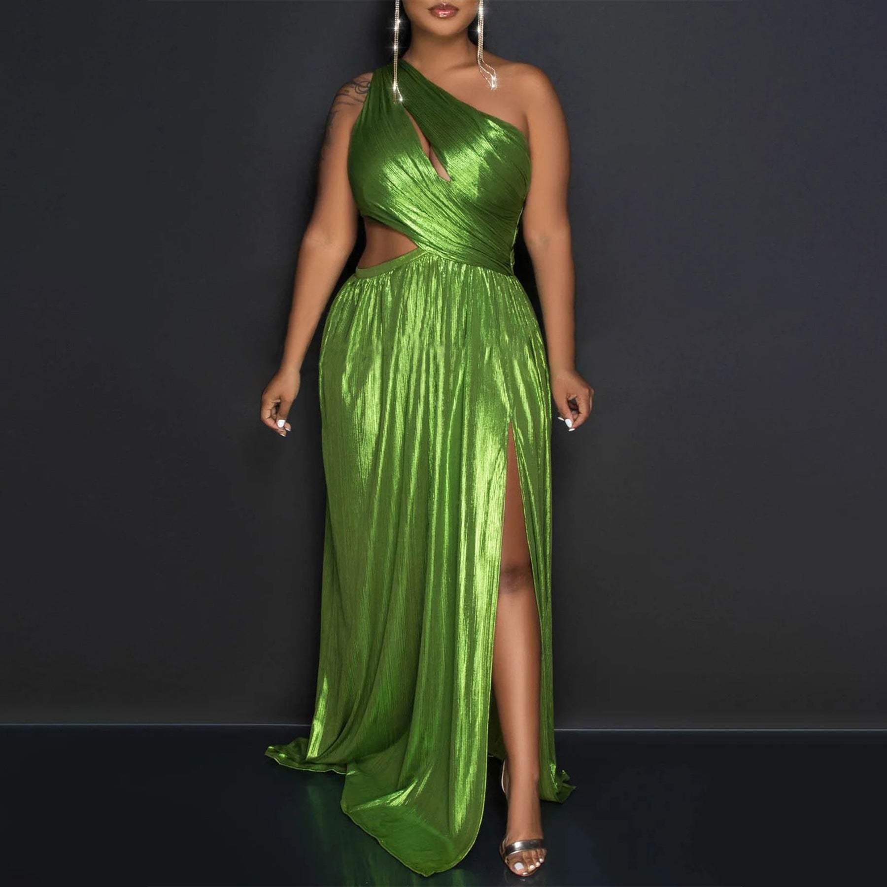 Women Clothing One Shoulder Evening Dress Sexy Slit Waist-Baring Dress