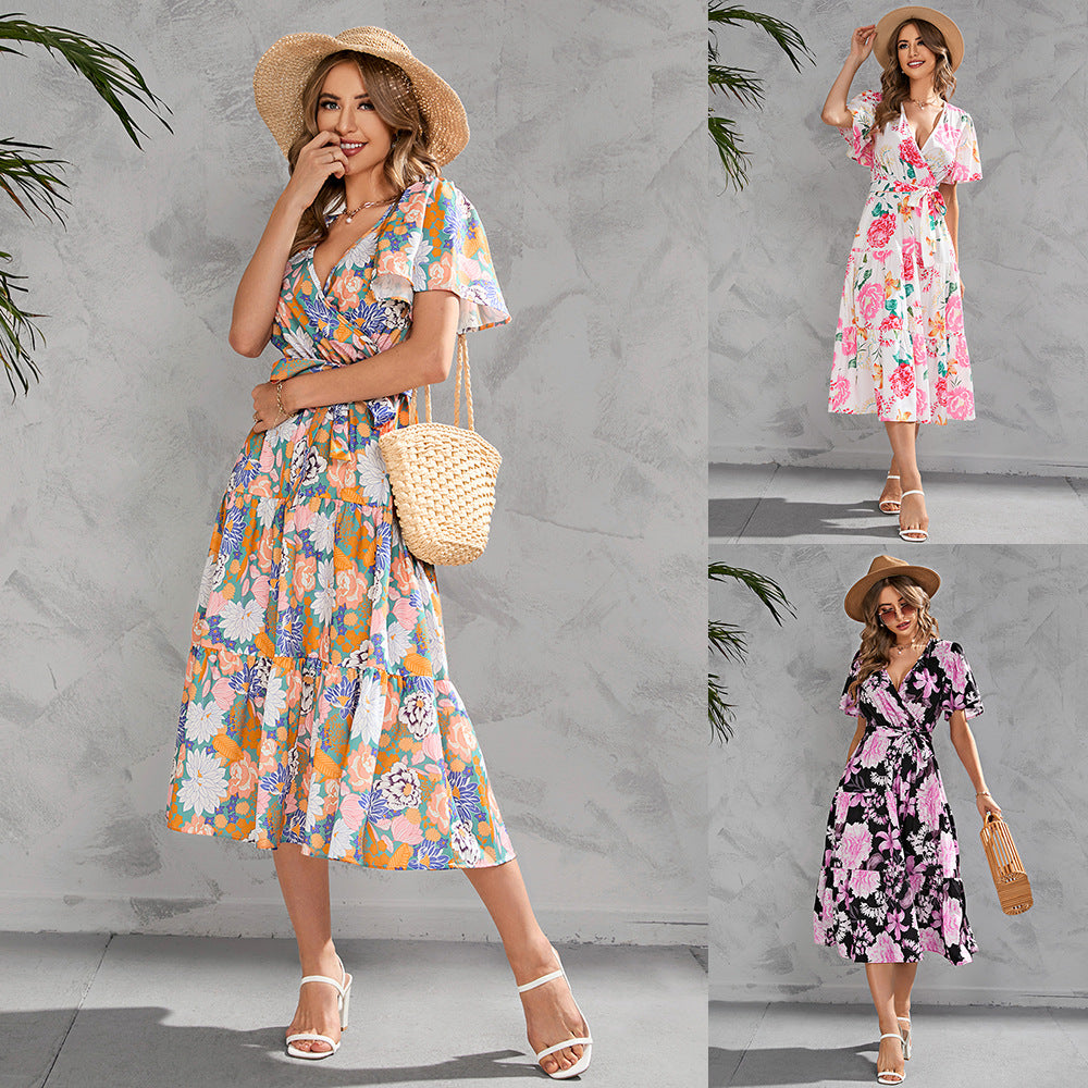 Women Clothing Summer Printed V-neck Tight Waist Mid-Length Short Sleeve Dress Tiered Dress