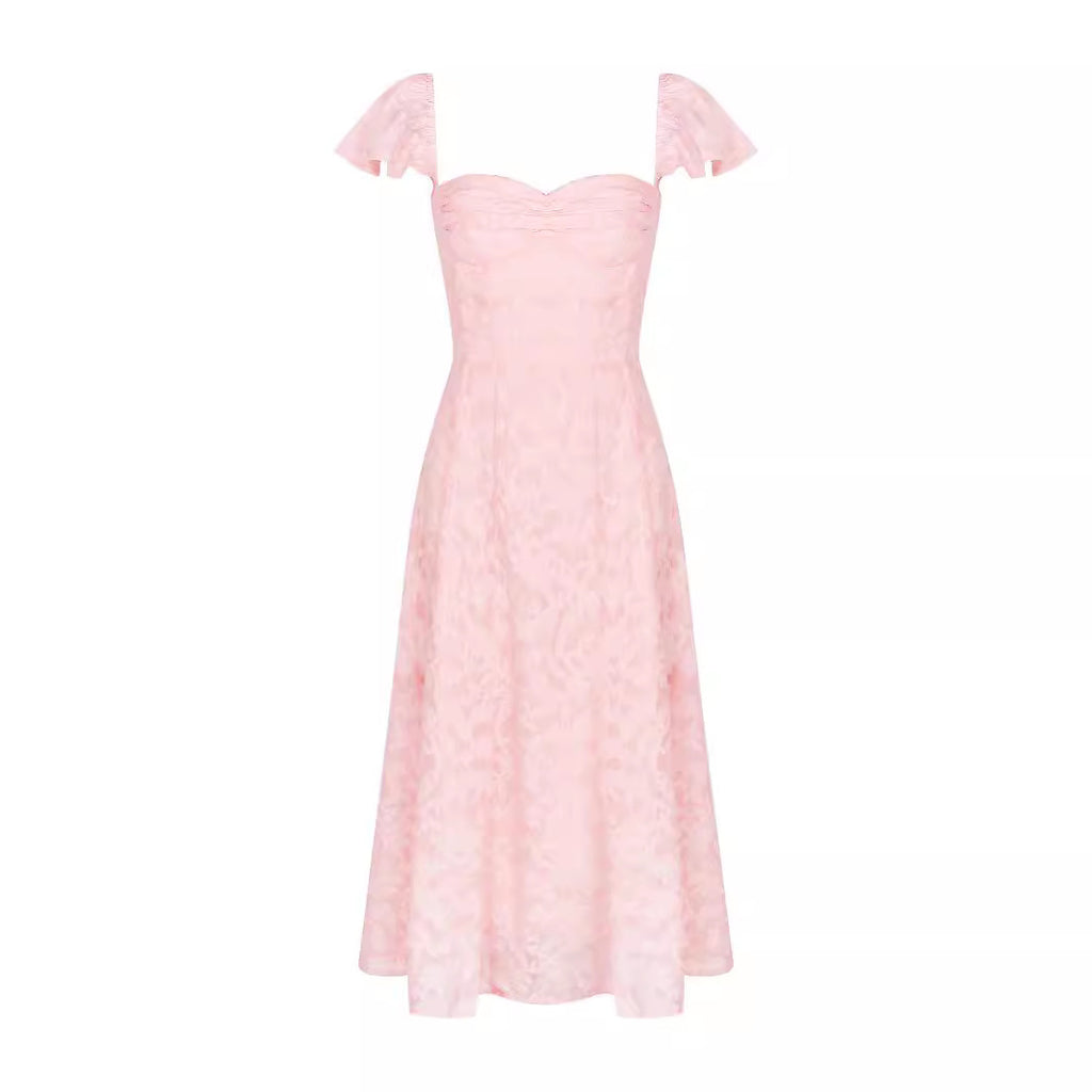 Vestido francés rosa sexy con escote cuadrado, cintura ajustada, espalda descubierta y largo medio para mujer