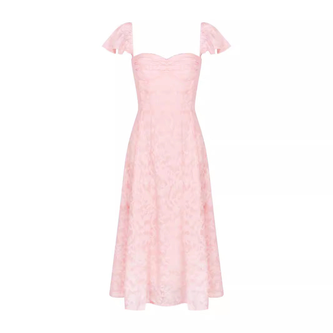 Vestido francés rosa sexy con escote cuadrado, cintura ajustada, espalda descubierta y largo medio para mujer