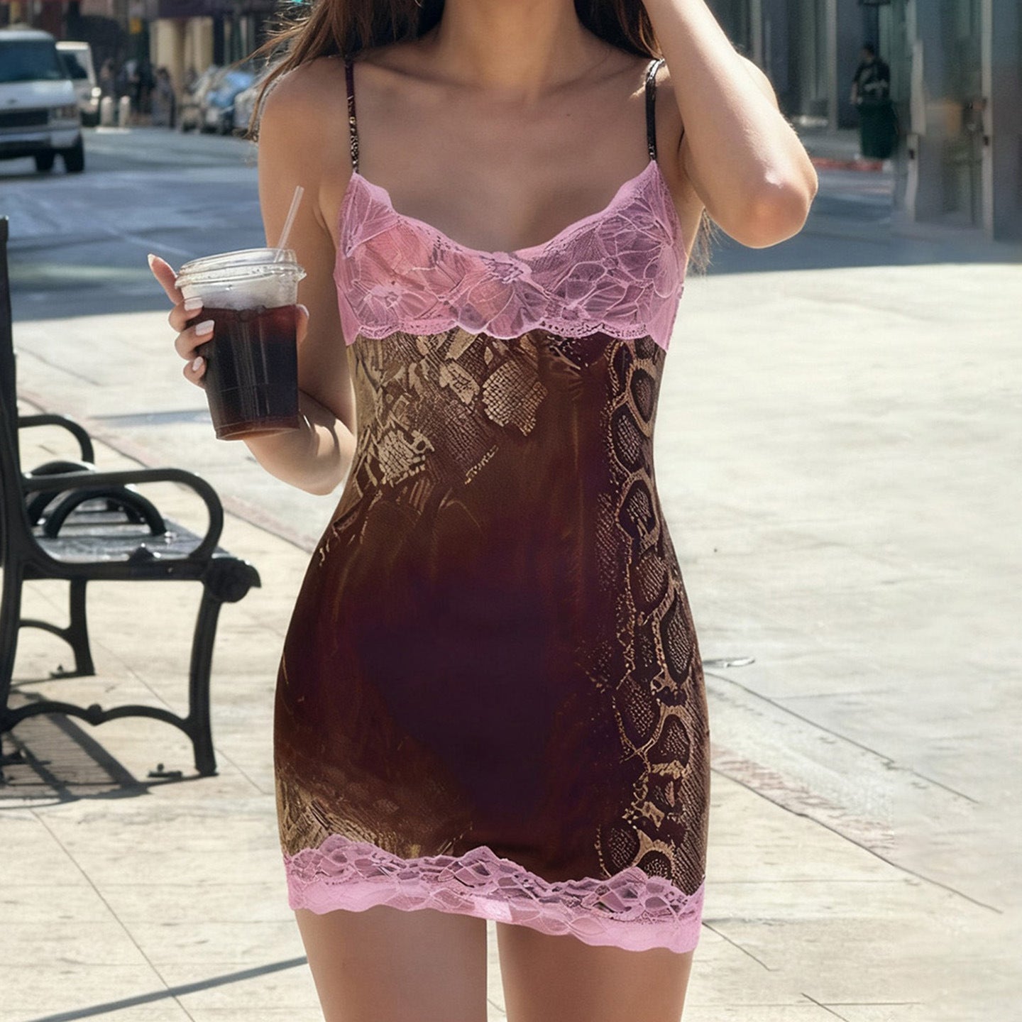 Robe sexy personnalisée à motif serpent en dentelle contrastée, bretelles fines, décolleté en V, dos nu, coupe flatteuse