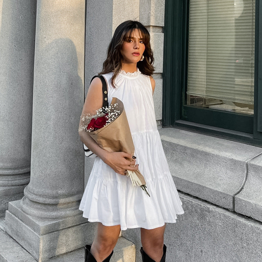 Spring Summer All Match White Elegant Dress round Neck Sexy Bow Lace up Elegant Loose Short Women Clothing