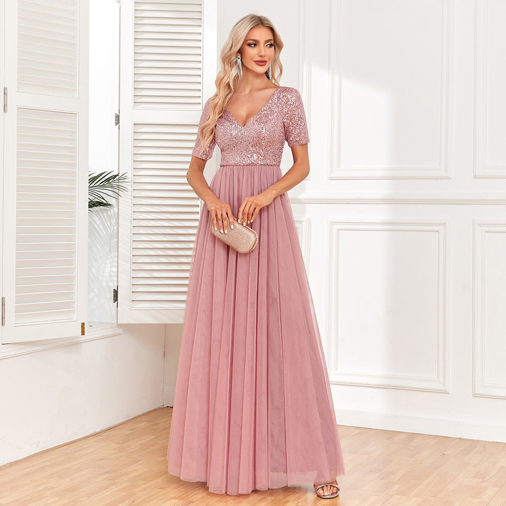 Vestido de noche elegante de tul con escote en V doble y manga corta con lentejuelas para mujer