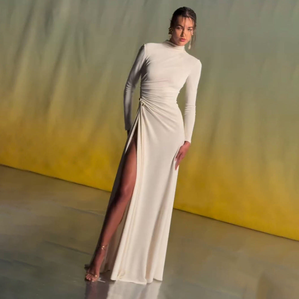 Vestido blanco sexy de manga larga con doble bola de metal y abertura alta para mujer, otoño e invierno