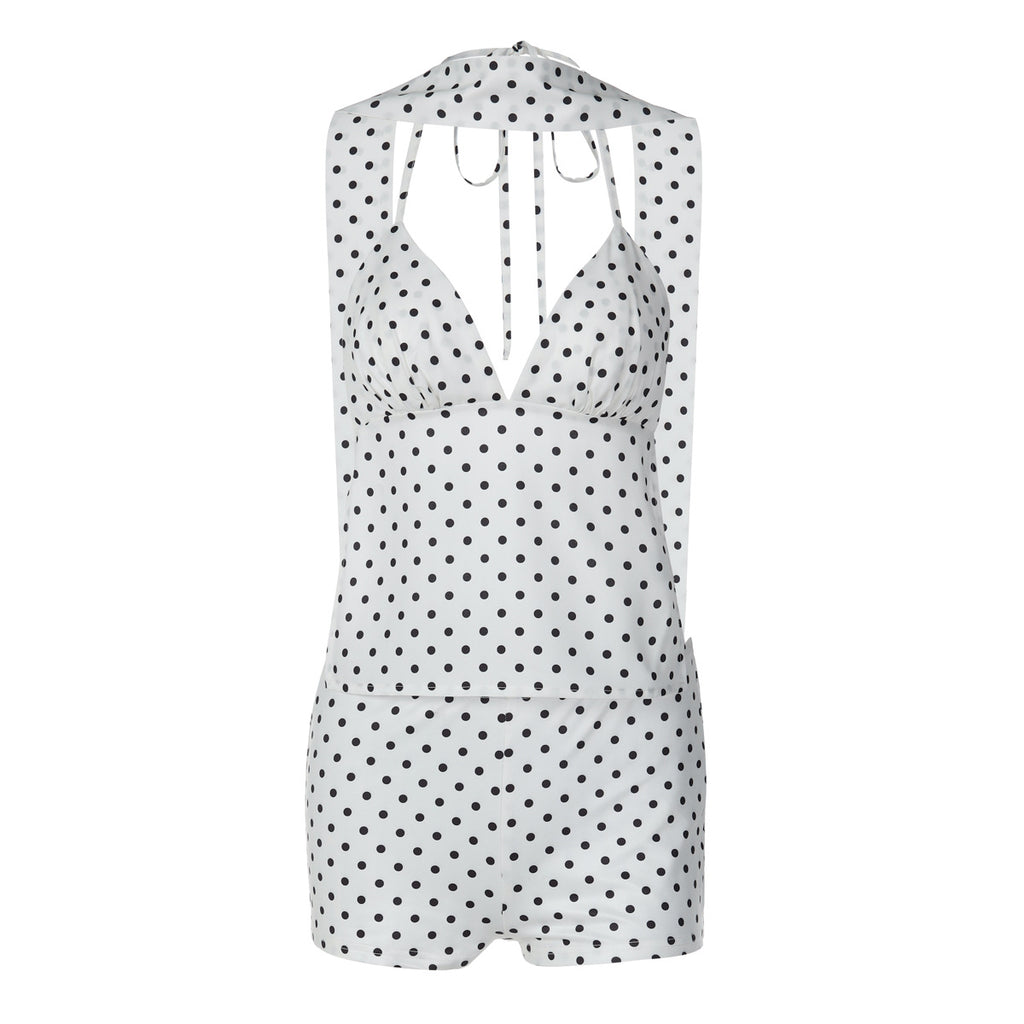 Ensemble deux pièces pour femme : débardeur dos nu à pois sexy à nouer et short slim.