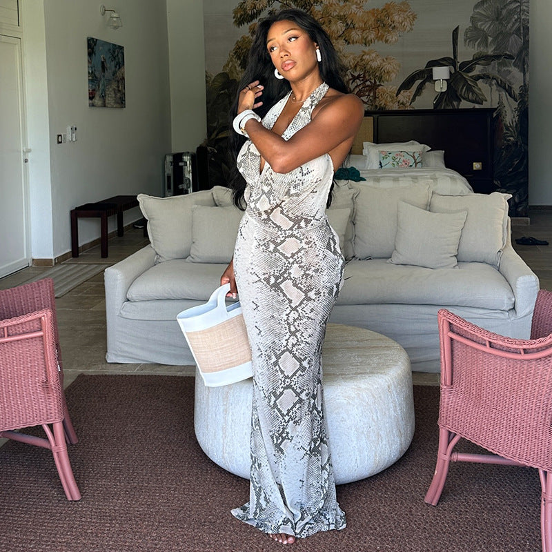 Gray White Printing Women Halter Swing Collar Hip Waist Controlled Low Cut Long Dress