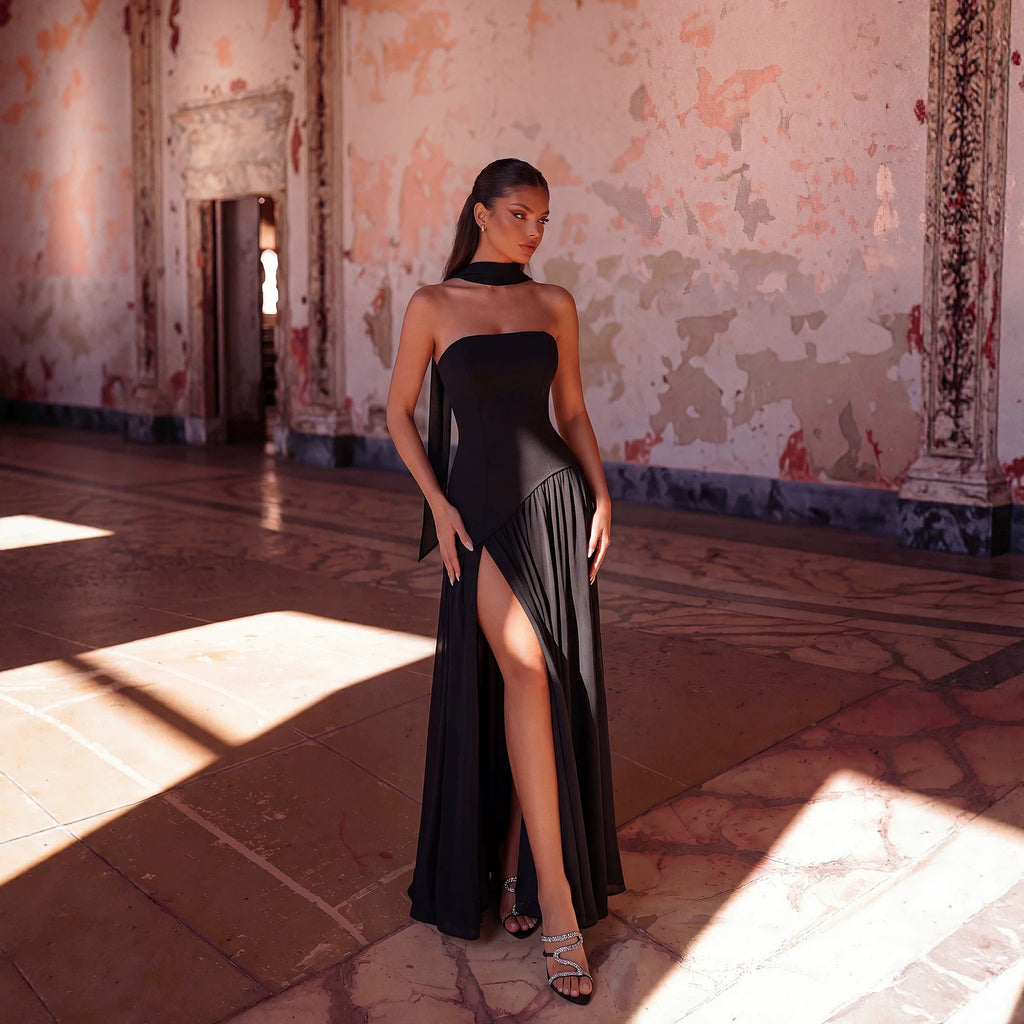 Sexy Halter Ribbon Tube Top Evening Dress Solid Color Draping Chiffon High Slit Mopping Cocktail Dress