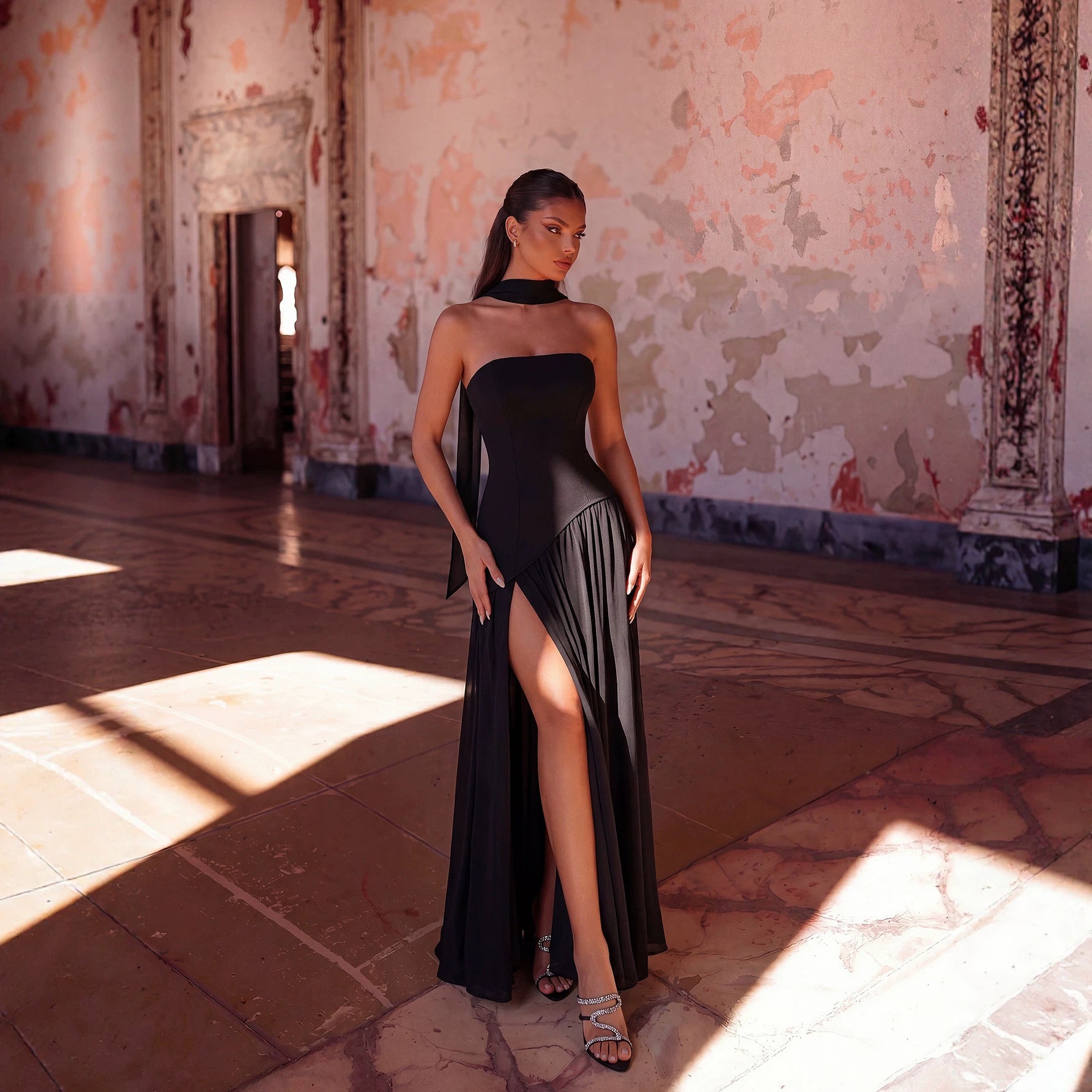 Sexy Halter Ribbon Tube Top Evening Dress Solid Color Draping Chiffon High Slit Mopping Cocktail Dress