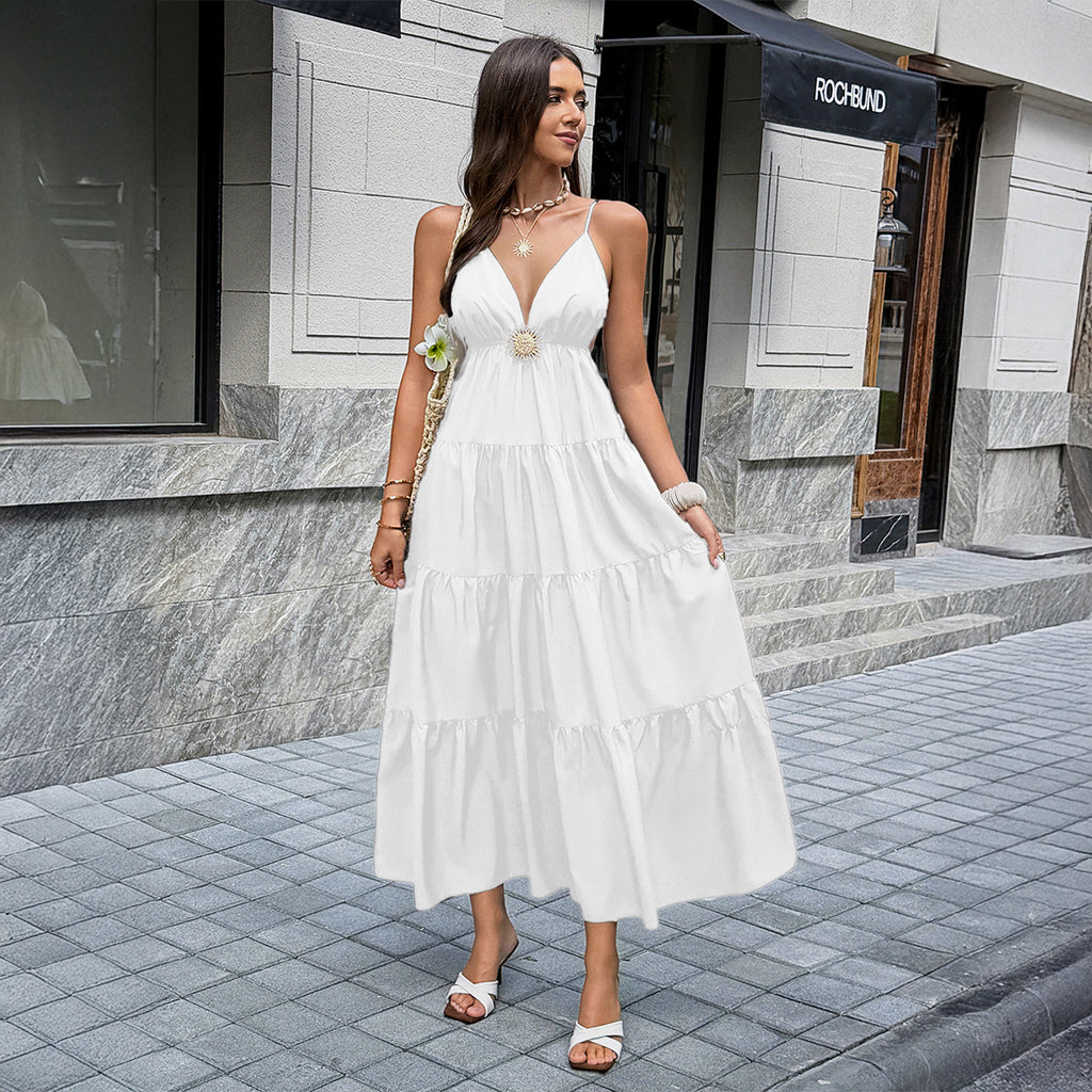 Vestido largo elegante de verano con tirantes fáciles de combinar para mujer