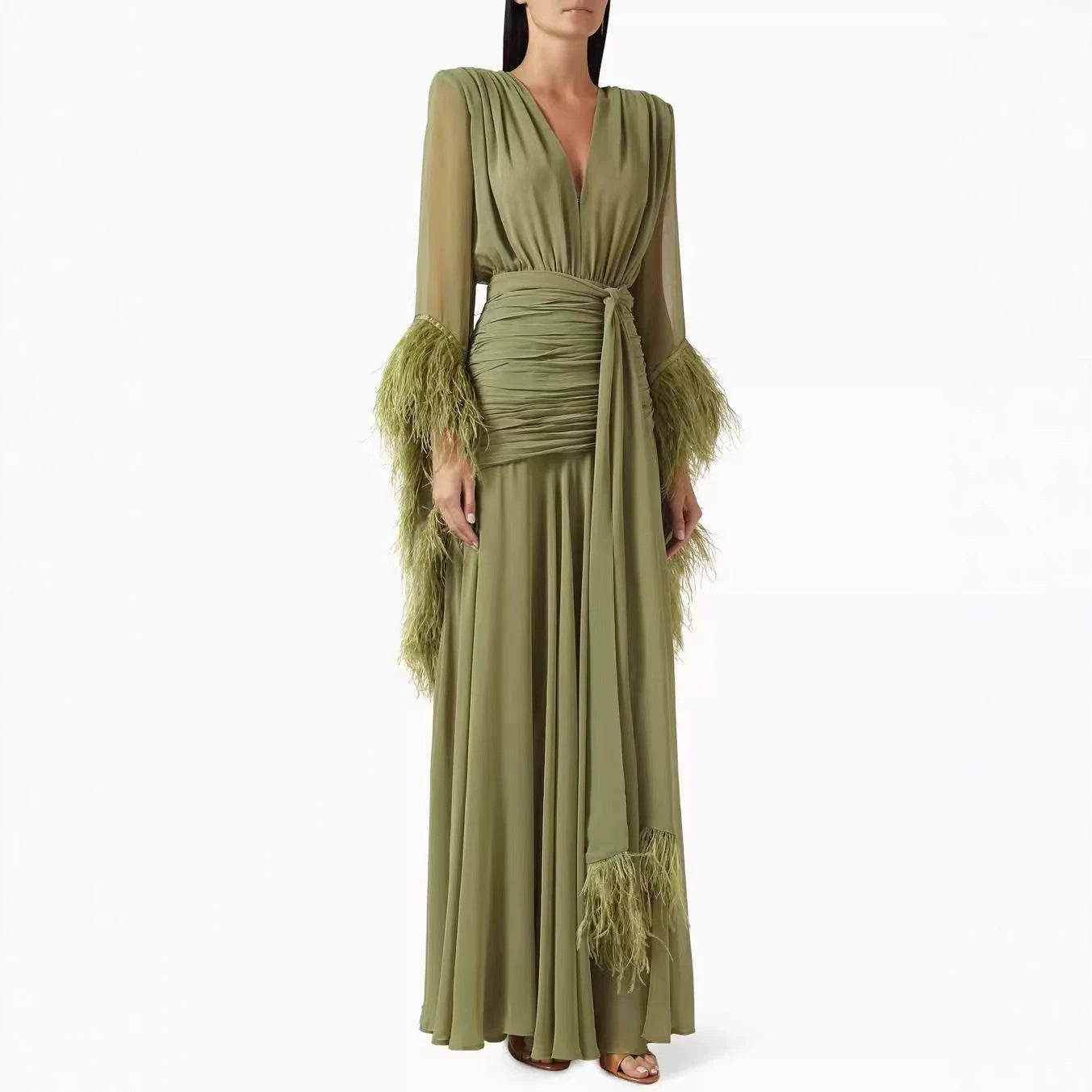 Robe de soirée unie à manches longues et coupe ajustée pour le printemps