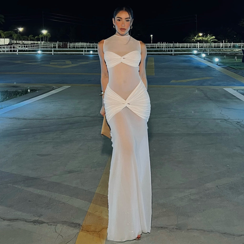 Spring Evening Sheer Mesh Sexy Solid Color Sheath Women Dress