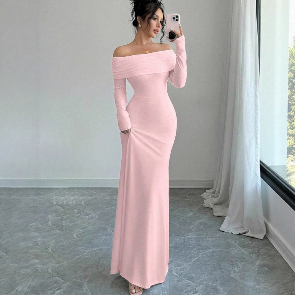 Women Clothing Autumn off Shoulder Four Sided Stretch Dress Tight off Shoulder Long Formal Dress