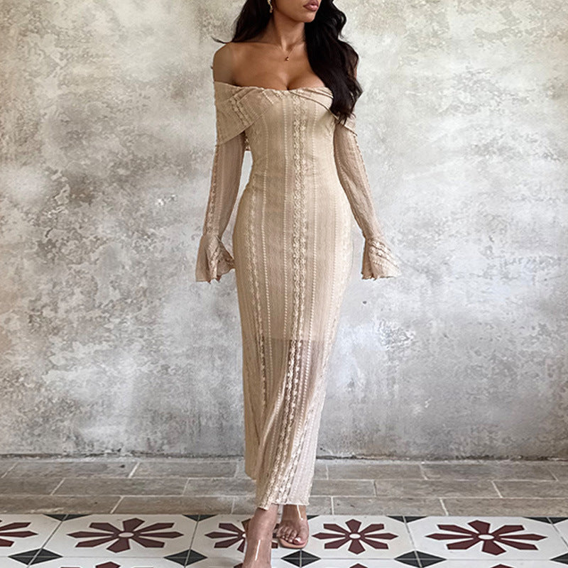 Robe maxi jacquard taille haute hanches épaules dénudées, sexy