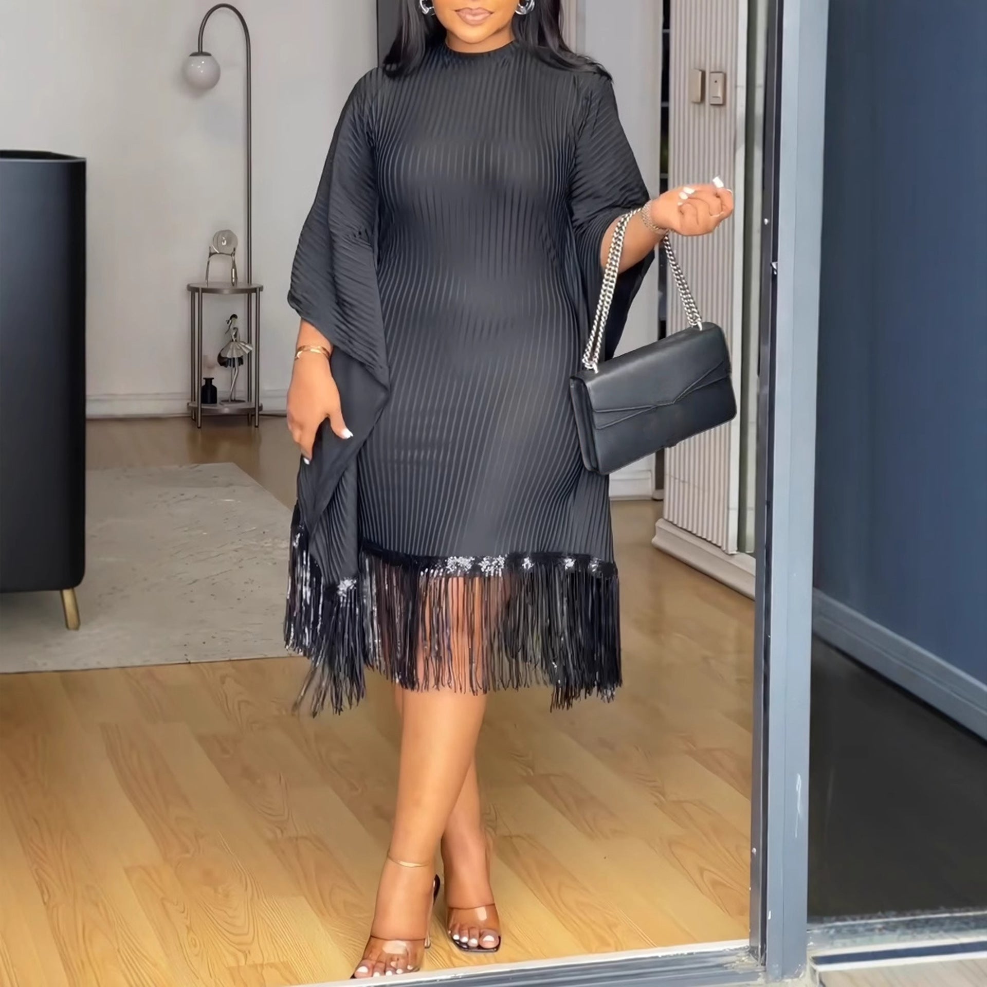 Vestido elástico con mangas murciélago y borlas de lentejuelas para mujer