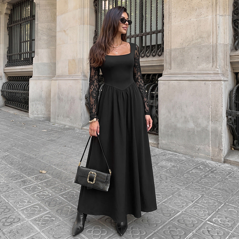 Elegant Lightly Mature Black Square Collar Lace Long Sleeve Dress