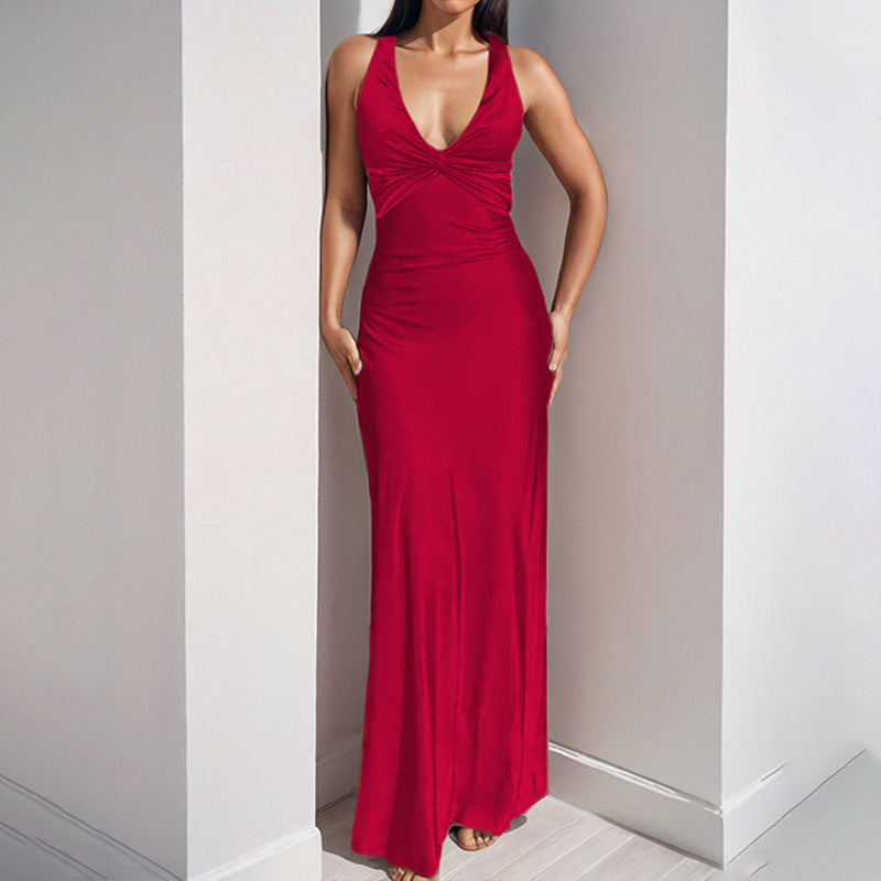 Spring Women Clothing Sexy V neck Pleated Slim Slimming Graceful Fashionable Dress