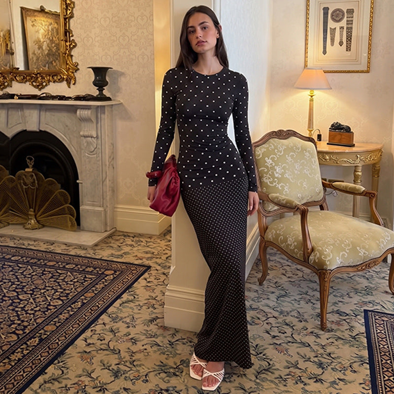 Women Autumn Long Sleeve round Neck Polka Dot Slim Fit Maxi Dress Casual Sheath Dress