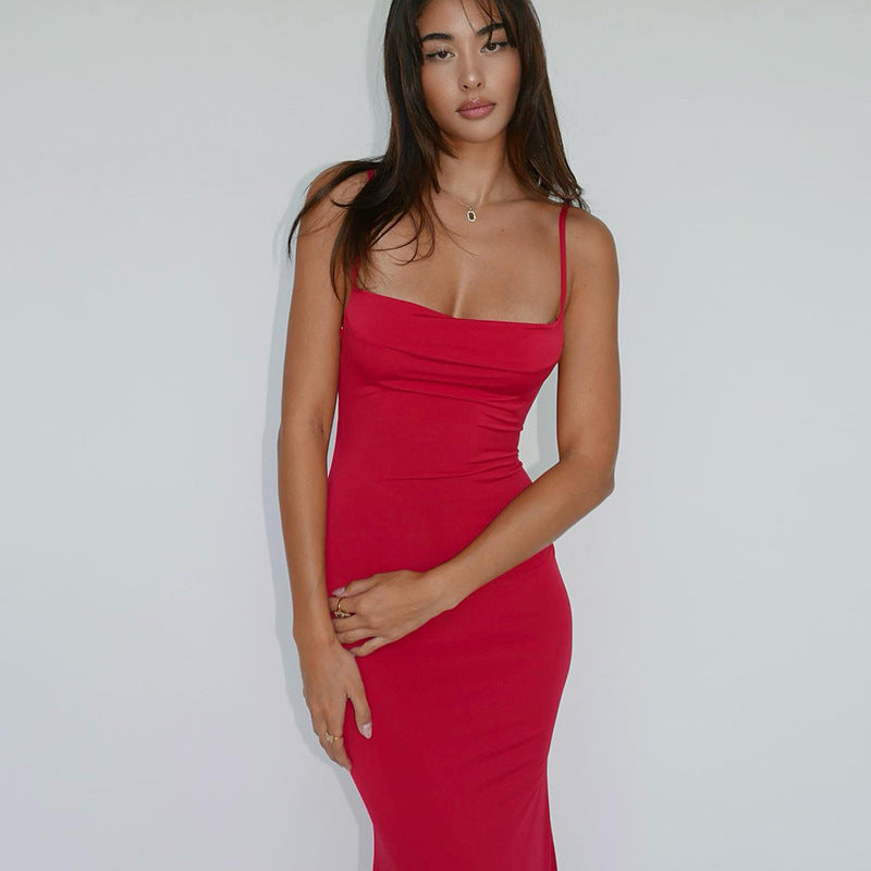 Spring Summer Women Clothing Sexy Slim Fit Backless Strap Solid Color Dress for Women