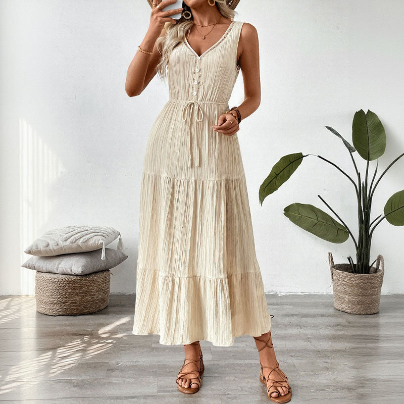 Simple All Matching Strap Sleeveless V neck Solid Color Women Clothing Summer Dress