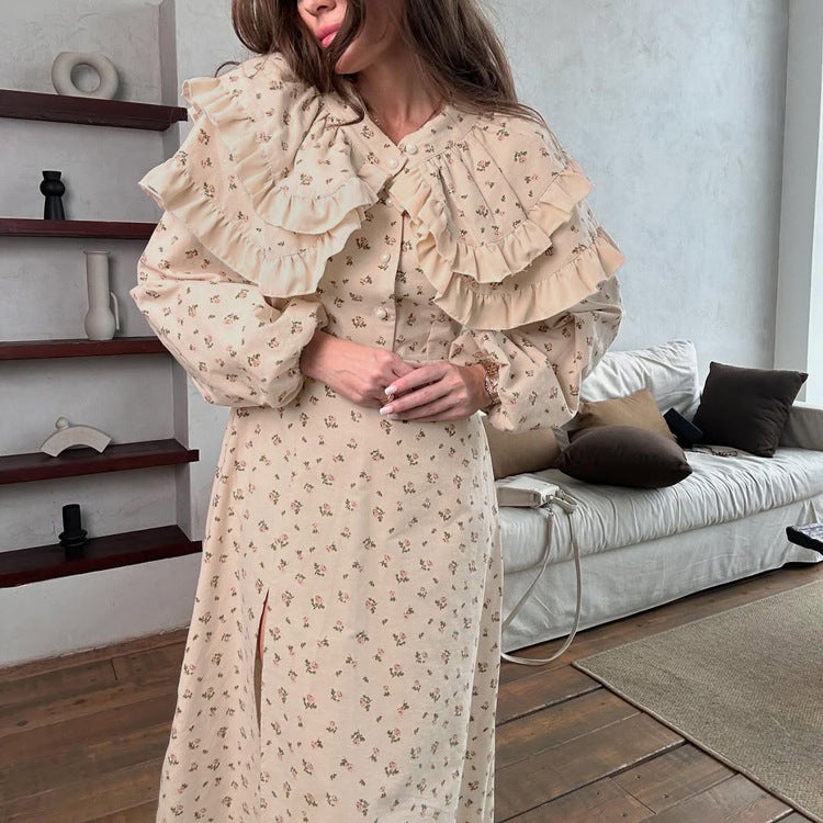 French Design Ruffled Waist Seal Printed V neck Puff Sleeve Elegant Split Dress Women Clothing