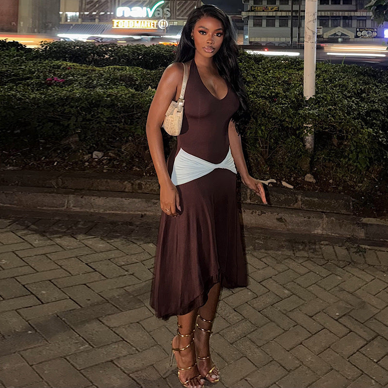 Color Matching Women Pleated Simple Design V neck Halter Waist Tight Maxi Dress