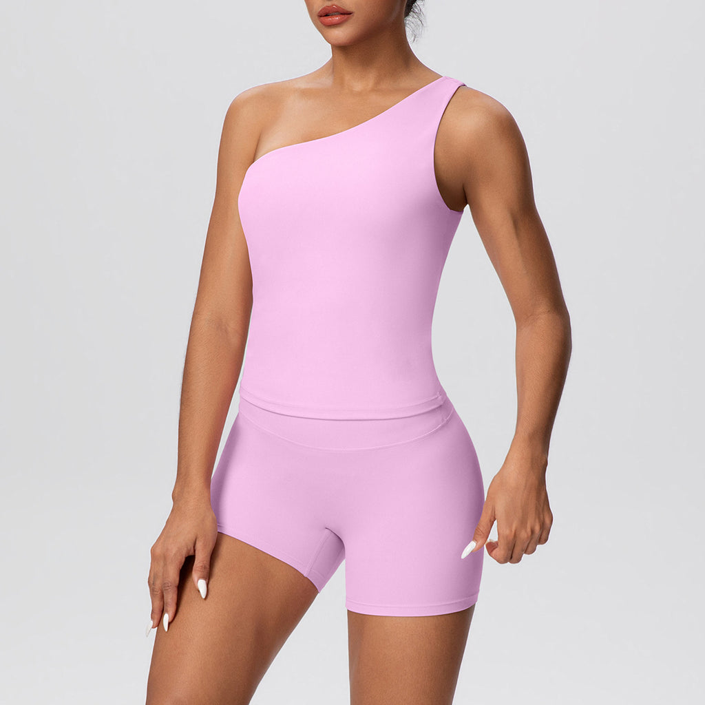 Ensemble de vêtements de sport pour femmes : débardeur de yoga uni à bretelles obliques, pantalon de course, short slim, short de fitness et de yoga.