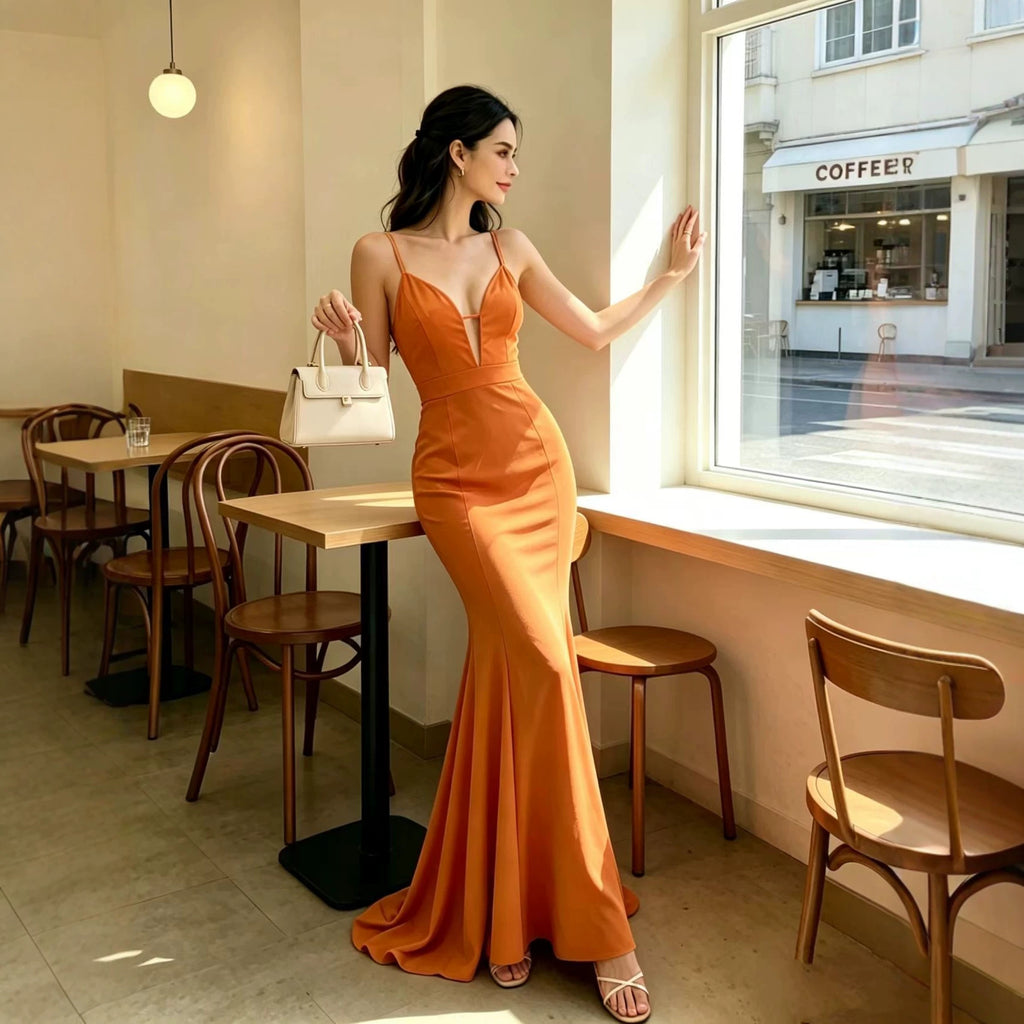 Women V neck Backless Sling Cocktail Hip Slim Fit Fishtail Dress
