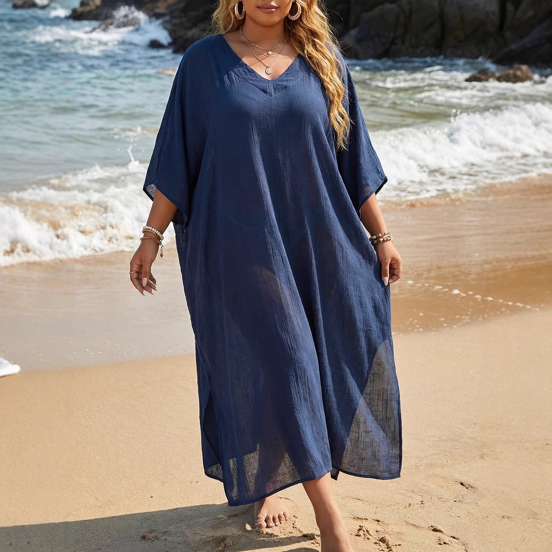 Women Beach Cover up Summer Women Clothes V neck Loose Casual Dress Split Mop Dress