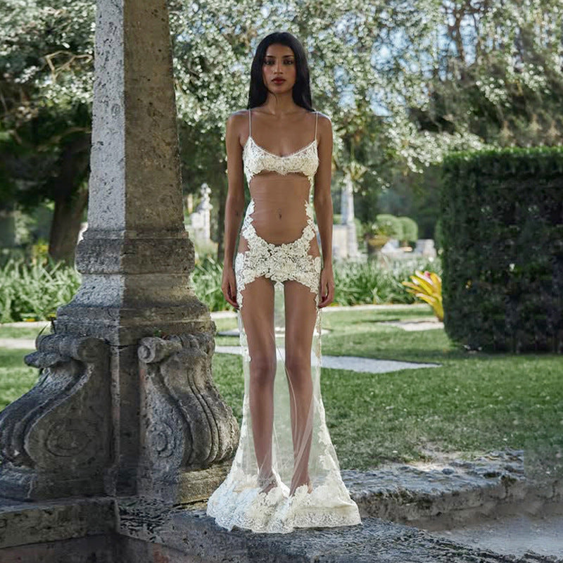 Vestido de verano para mujer, de malla, con encaje y tirantes finos, transparente, sexy, para vacaciones