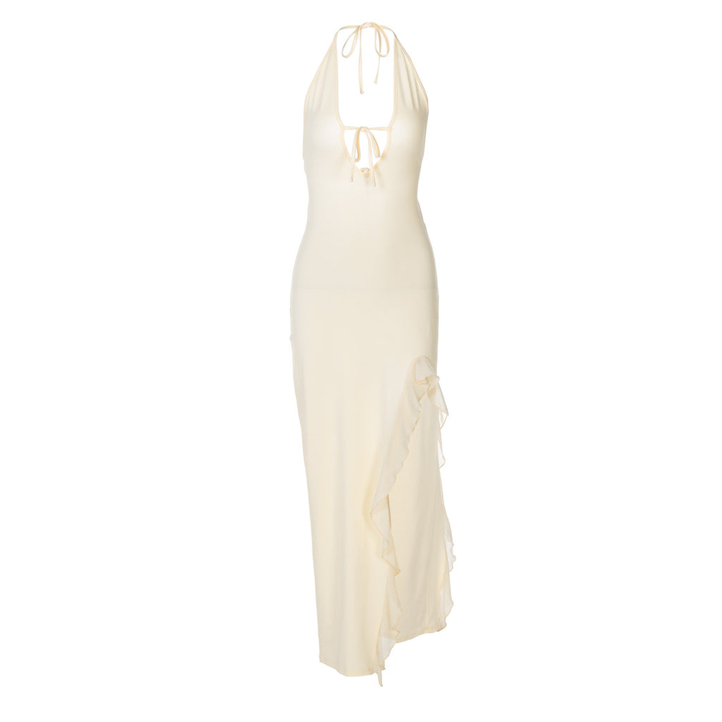 Vestido de invierno con volantes, escote en V, encaje y espalda descubierta para mujer