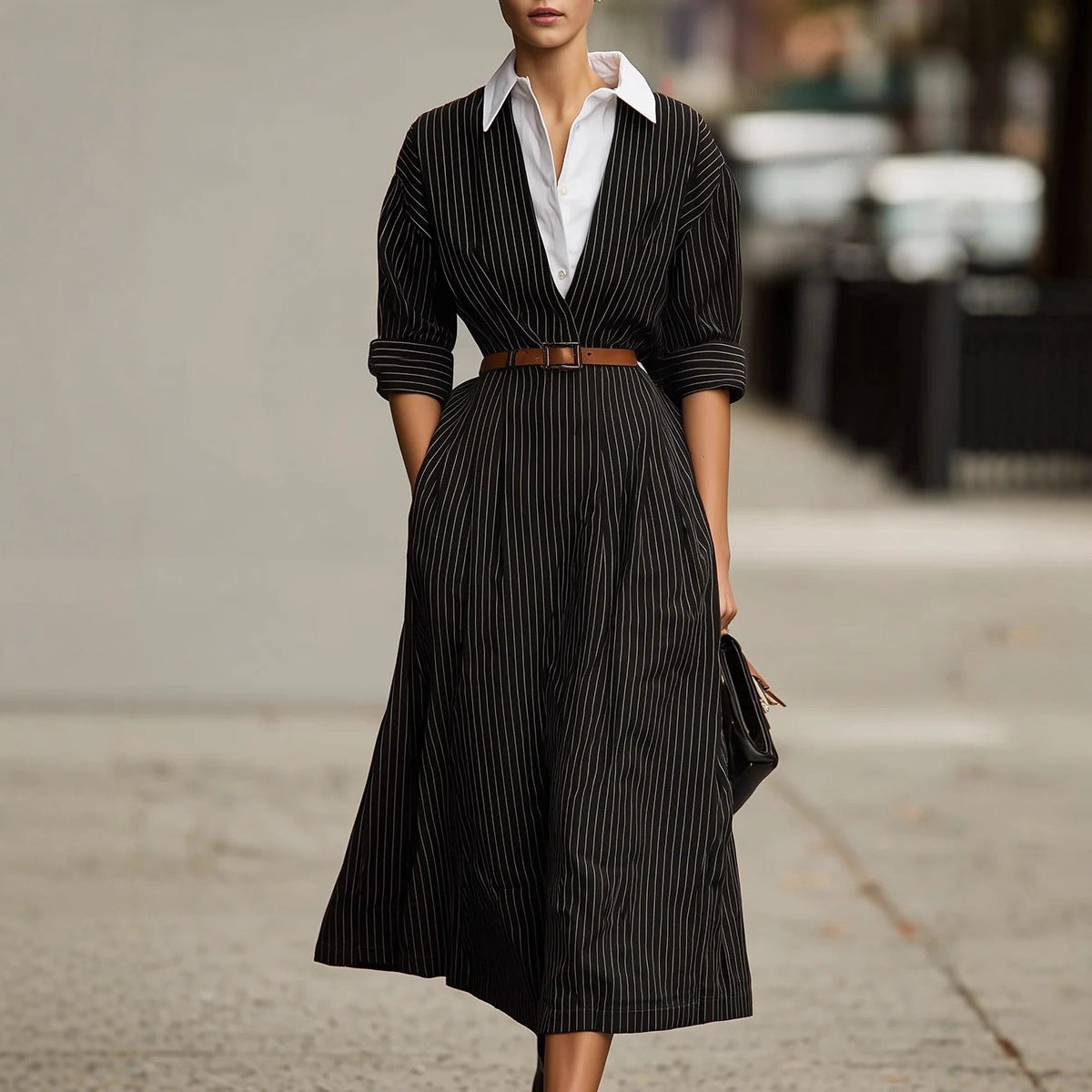 Fall Women Vintage Stripe Shirt Dress Loose Waist Contrast Color Blouse Collar Dress