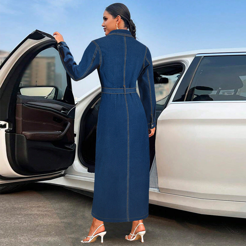 Women Clothing Denim Collared Cardigan Button Long Sleeve Long Coat Dress