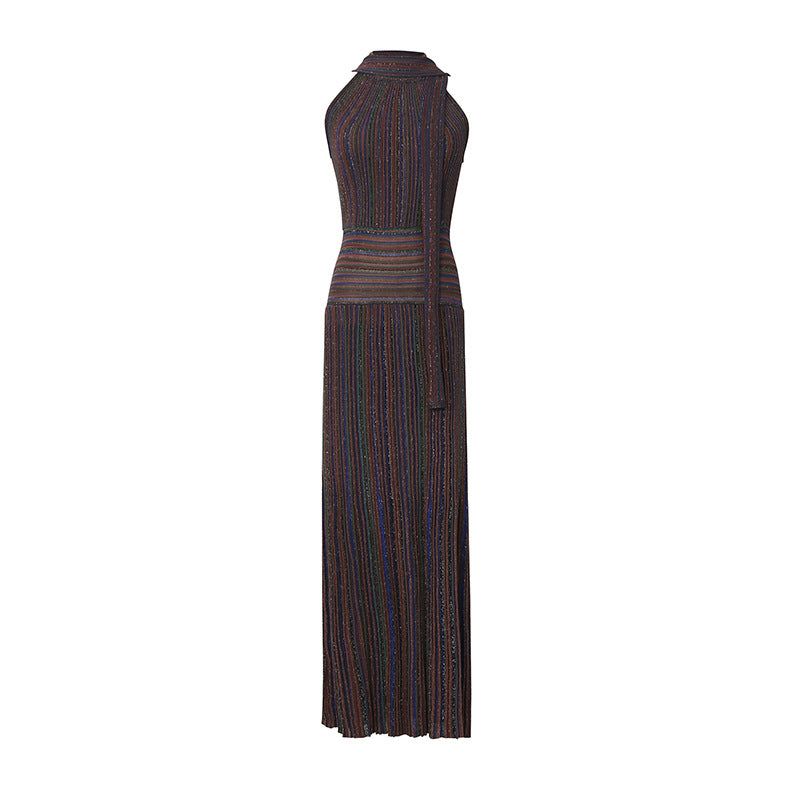 Artistic Retro Contrast Color Striped Dress Sleeveless Halter Collar Fitted High Waist Slimming Dress