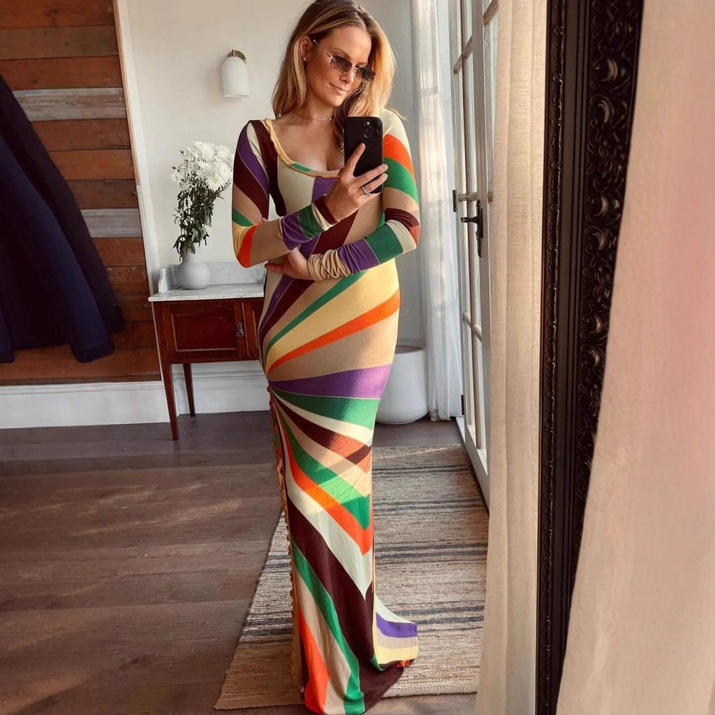 Women Clothing Sexy Rainbow Printing Fashionable Fitted Long Sleeve Hip Bag Maxi Dress Women