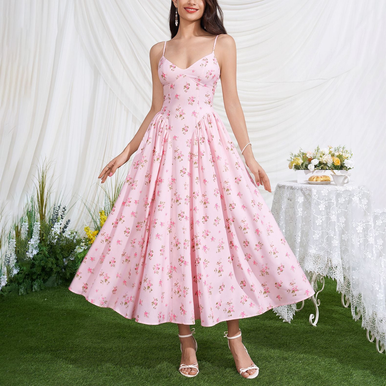 Vacation Low Collar Slip Dress Sexy Backless Lace up Waist Slimming Printed Pleated Midi Dress