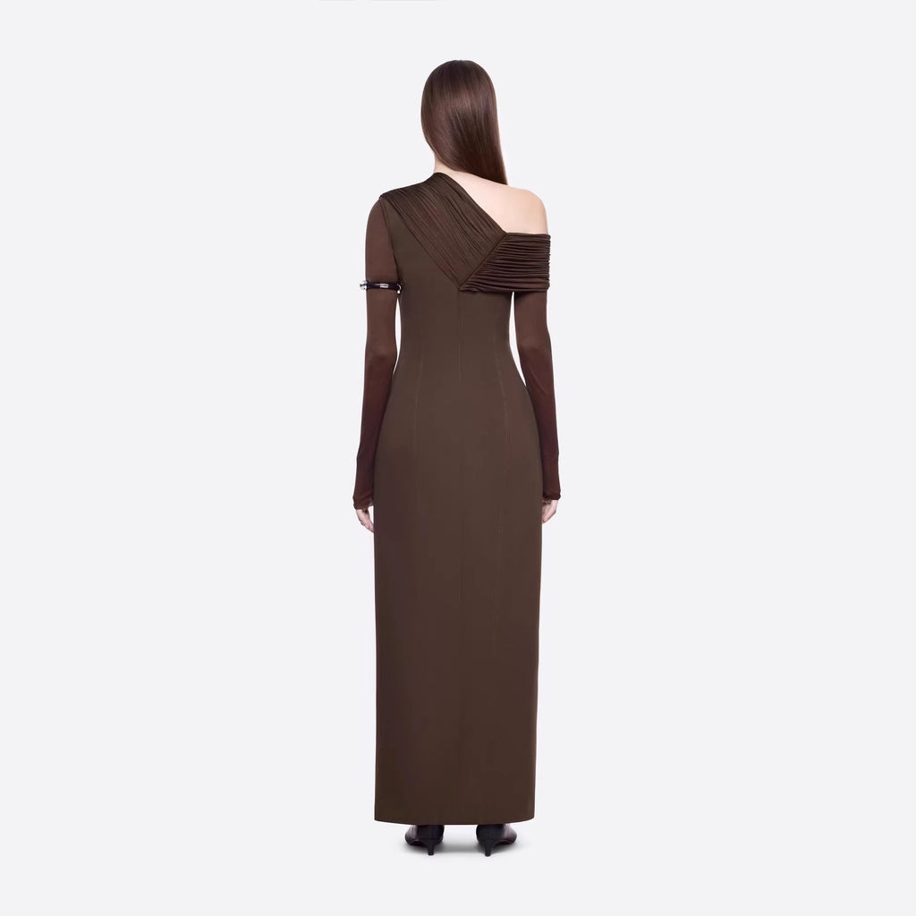 Spring Dark Brown One Shoulder Dress Pleated High Slit Maxi Dress the Dinner Party Host