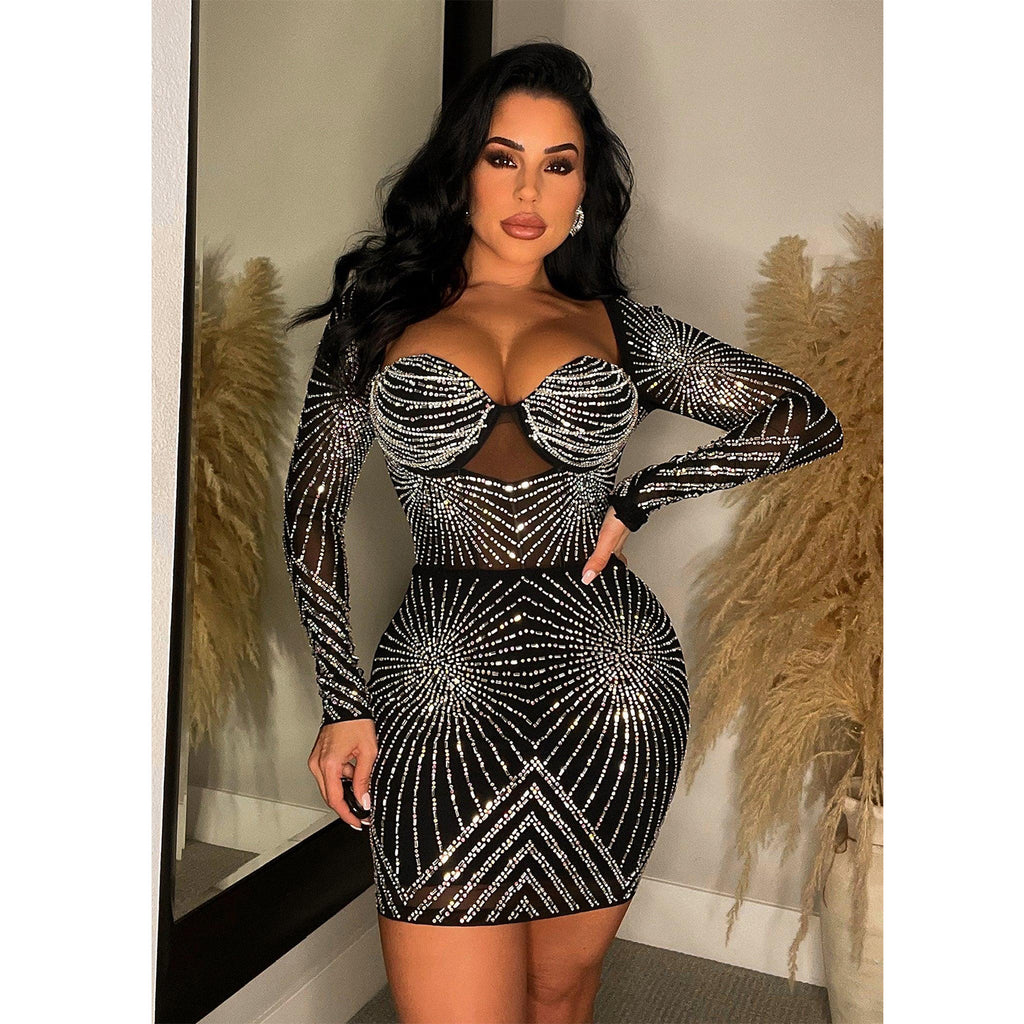 Women Wear Solid Color Mesh Rhinestone Long Sleeve Short Dress