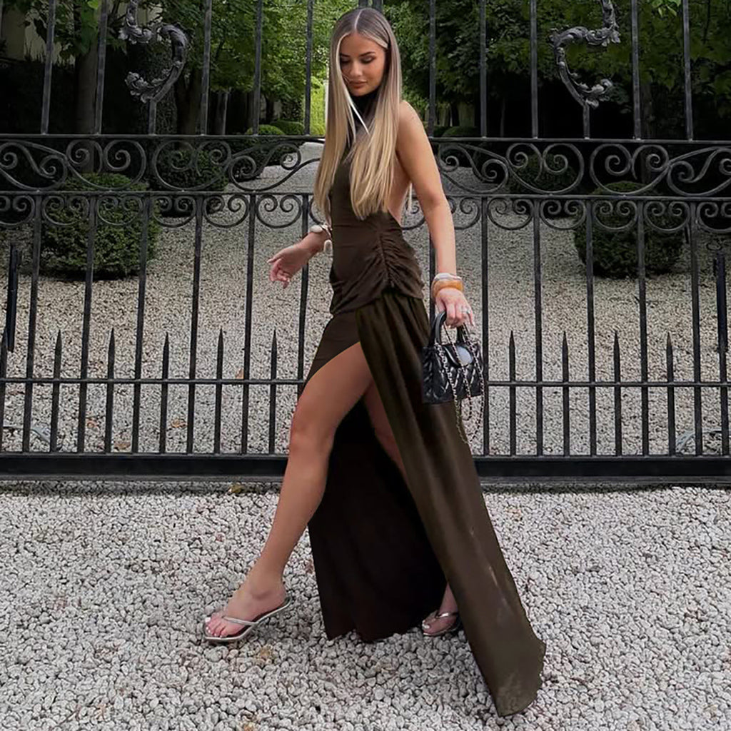 Vestido elegante sexy con espalda descubierta y abertura en el cuello halter de malla de color liso para mujer
