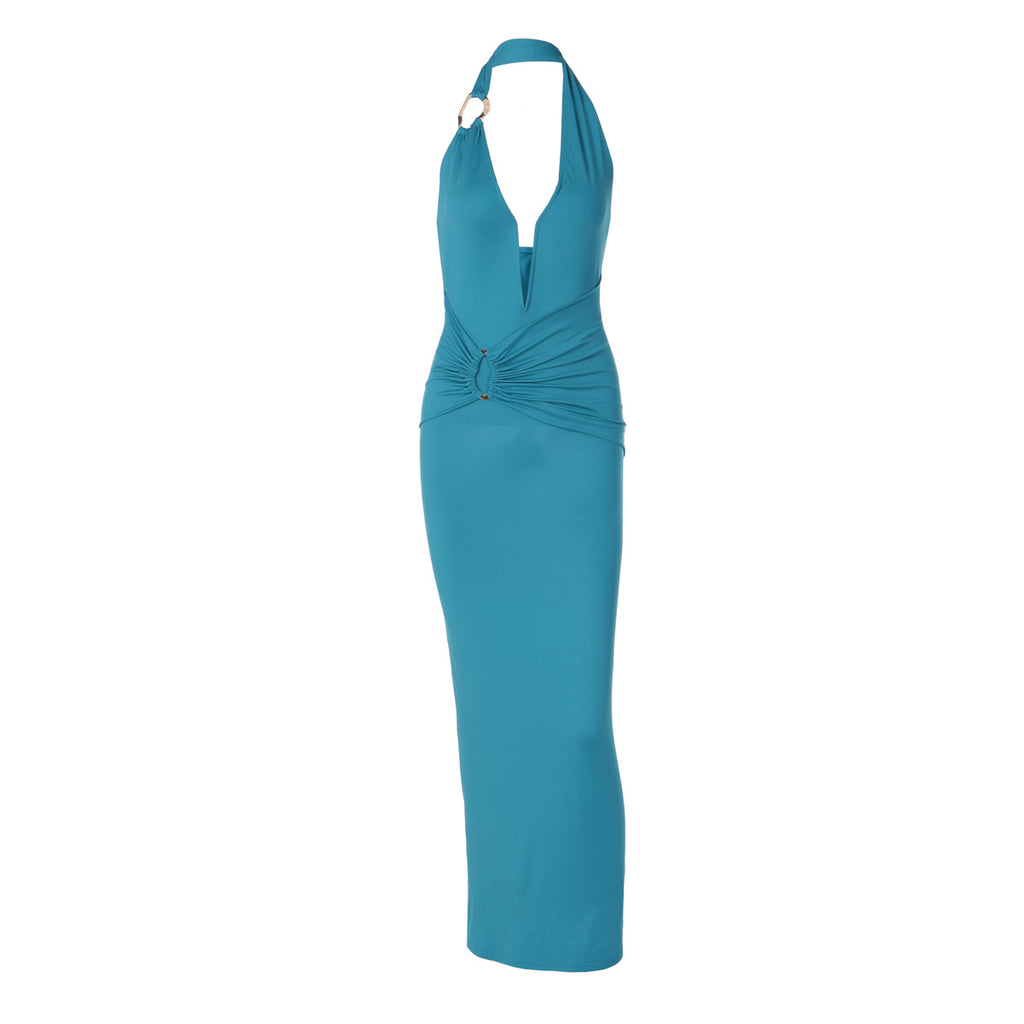 Robe longue d'été sexy à col en V, coutures apparentes, anneaux en acier, dos nu, coupe ajustée, plissée, pour femme