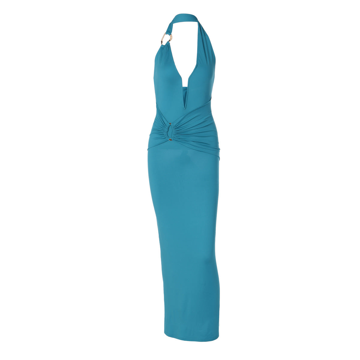 Robe longue d'été sexy à col en V, coutures apparentes, anneaux en acier, dos nu, coupe ajustée, plissée, pour femme