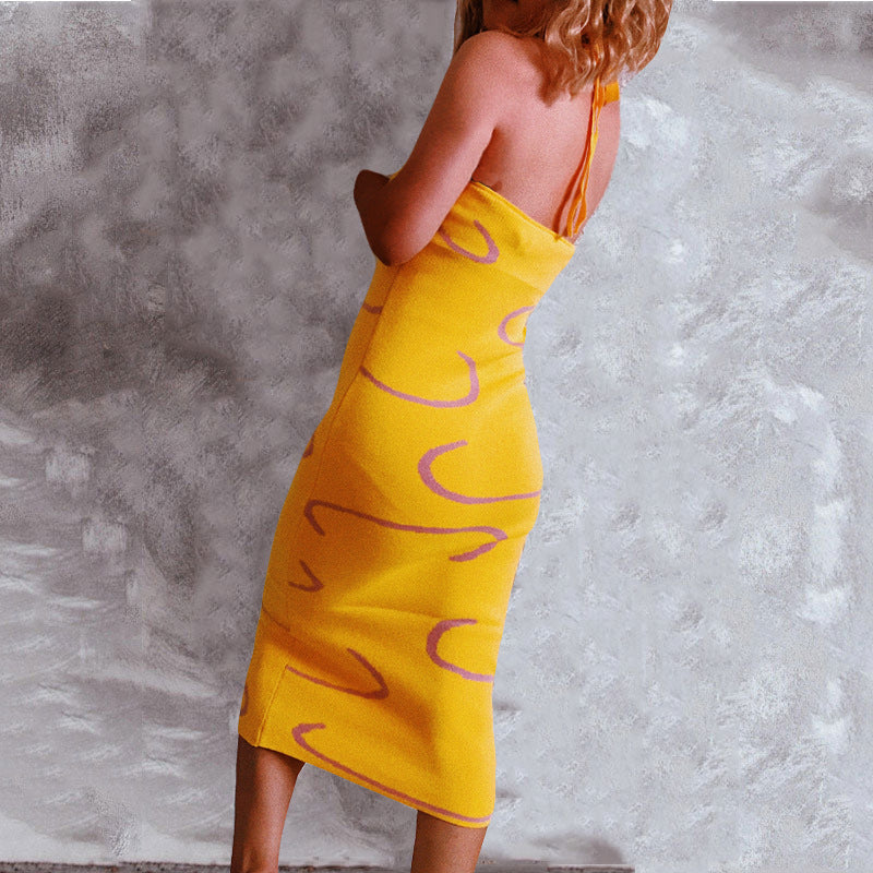 Vestido de playa de punto con diseño geométrico abstracto, ajuste ceñido, largo, sexy, con cintura ajustada y sin espalda