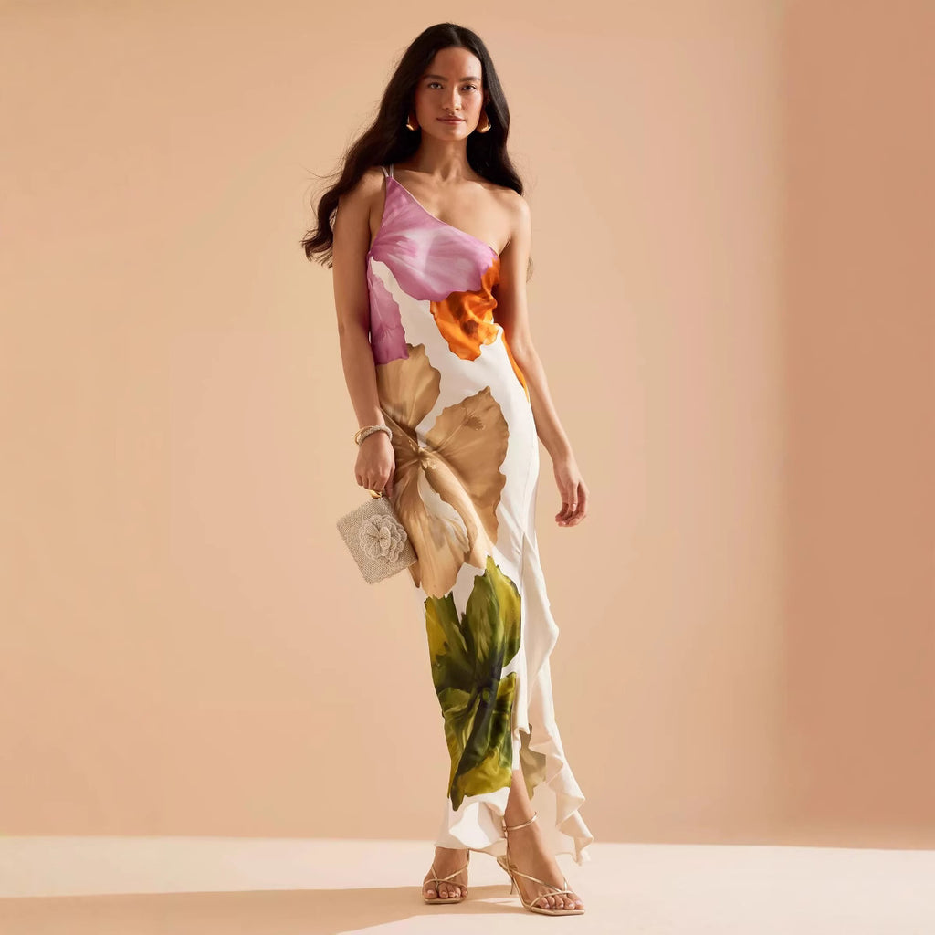 Spring Summer Oblique Shoulder Positioning Printing Dress Casual Vacation Loose Dress