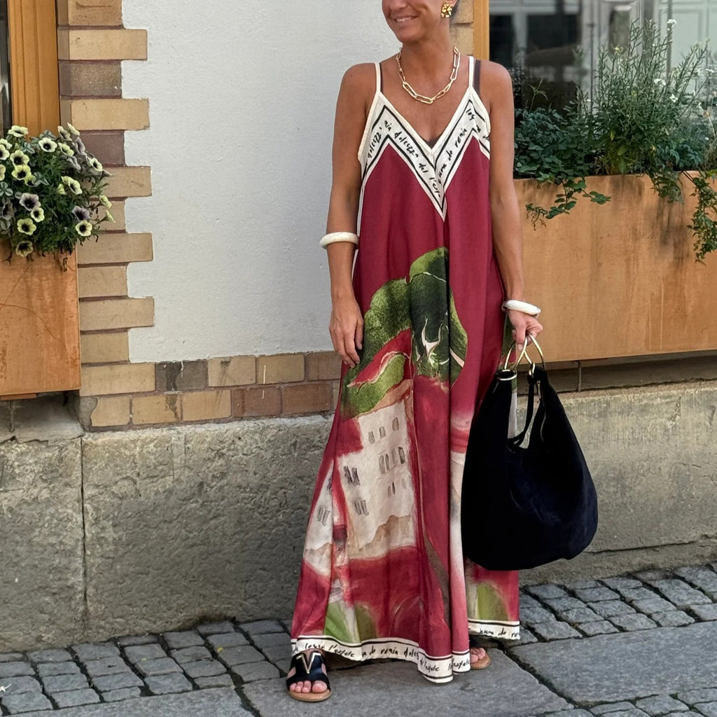 Vestido casual de vacaciones con tirantes y dobladillo ancho suelto, cuello en V estampado