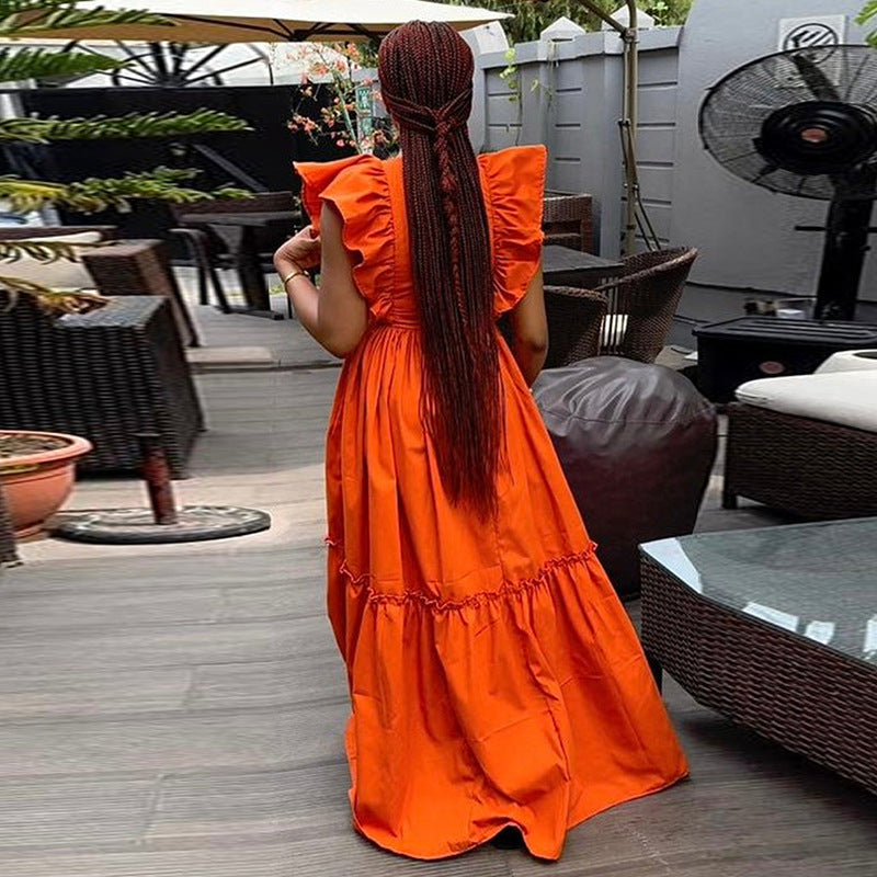 Women Clothing Summer Elegant Ruffle Short Sleeve Round Neck Waist Trimming Long Large Hem Dress