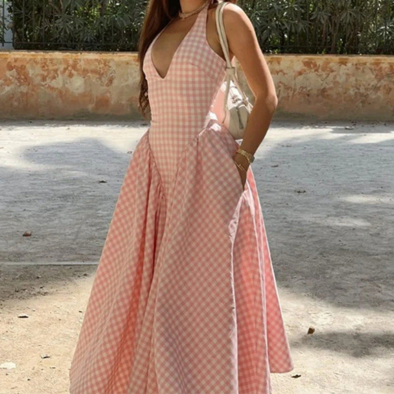 French Sweet Halter Strap Sexy V neck Backless Strap Dress