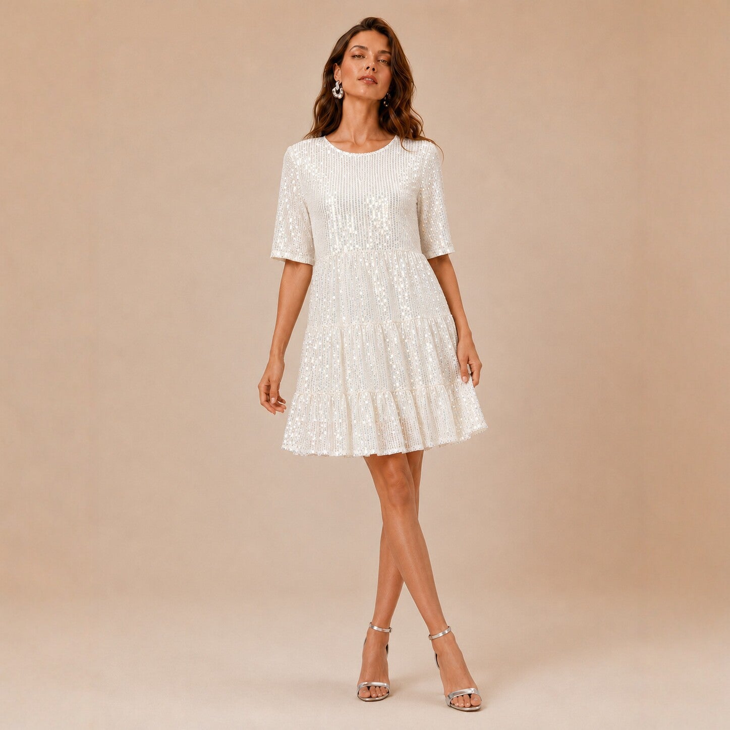 Sequined Short Sleeve A line Dress Cocktail Women Short Dress