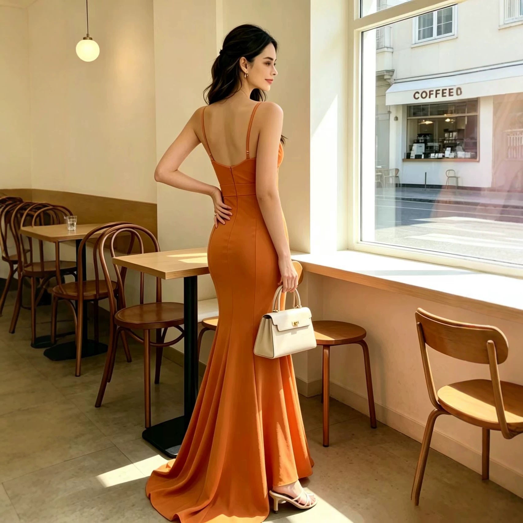 Women V neck Backless Sling Cocktail Hip Slim Fit Fishtail Dress