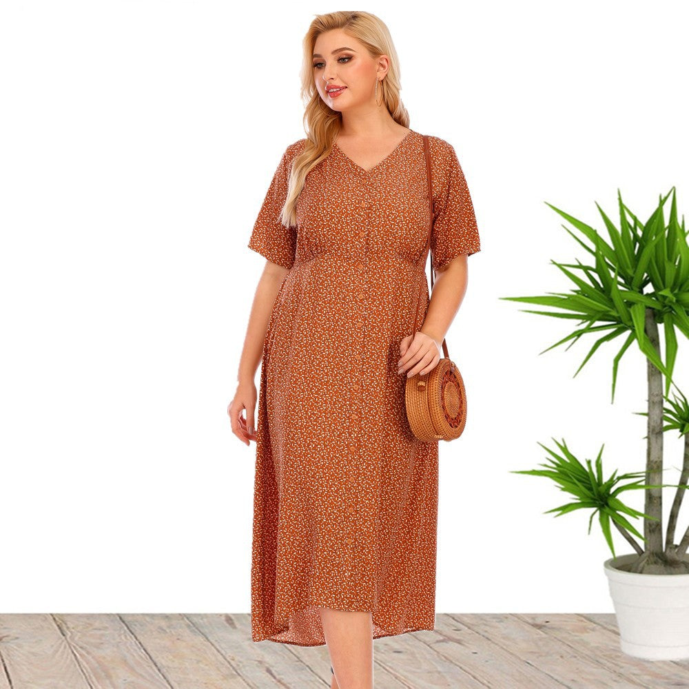 Plus Size Women Summer Short Sleeve Printed Button Pocket Dress
