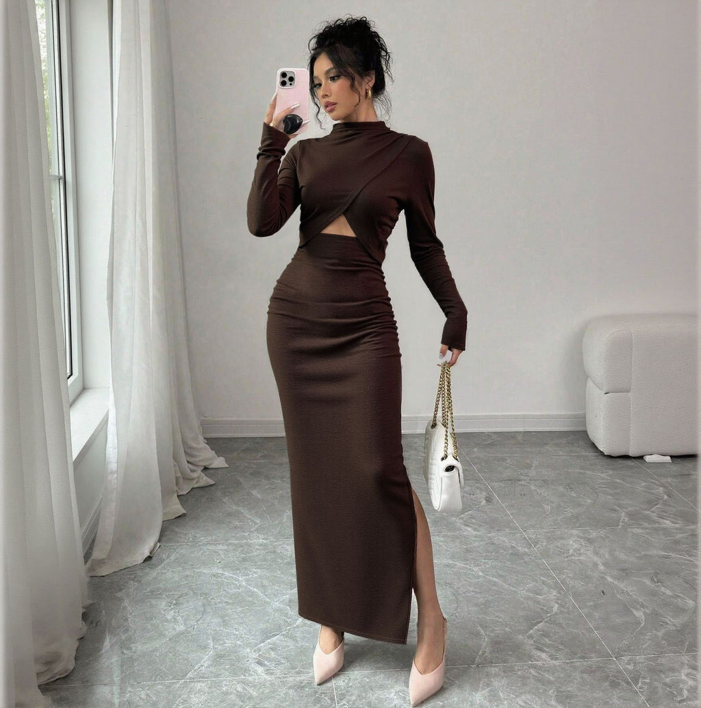 Robe courte moulante fendue sexy automne-hiver à manches longues et manches mi-longues