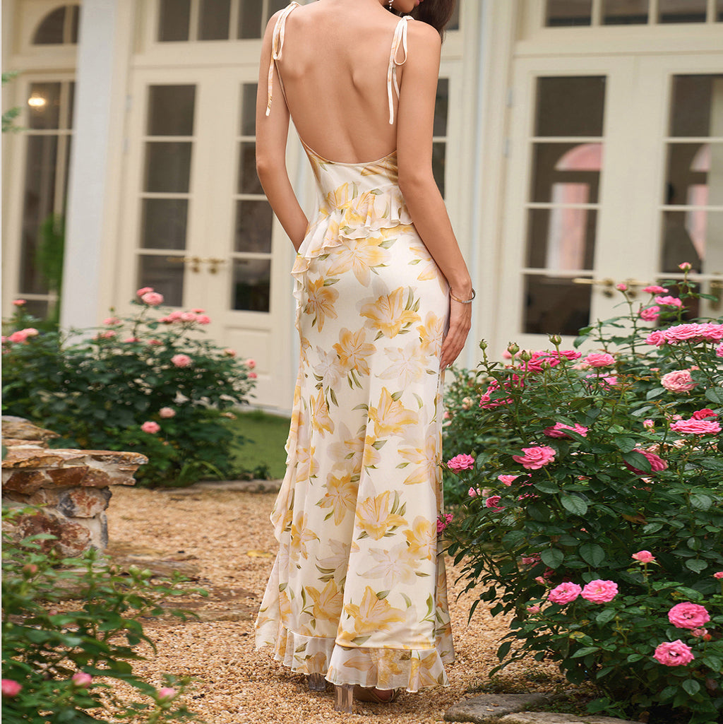 Mesh Camisole Dress Sexy Printed Backless Lace up High Slit Maxi Dress